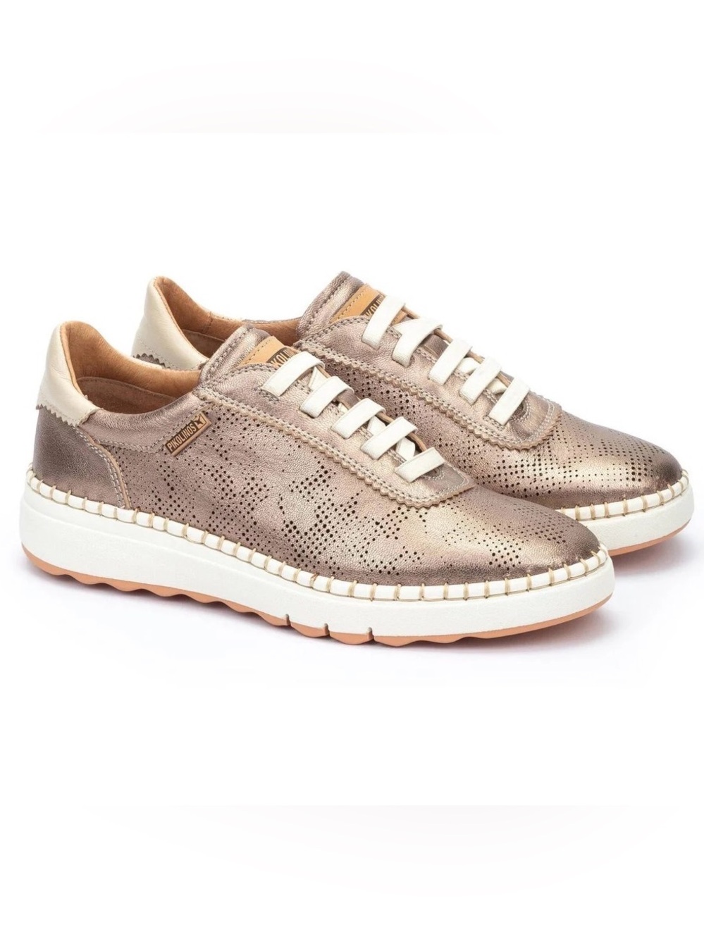 PIKOLINOS Metallic Taupe Leather Perforated Sneaker with White Sole